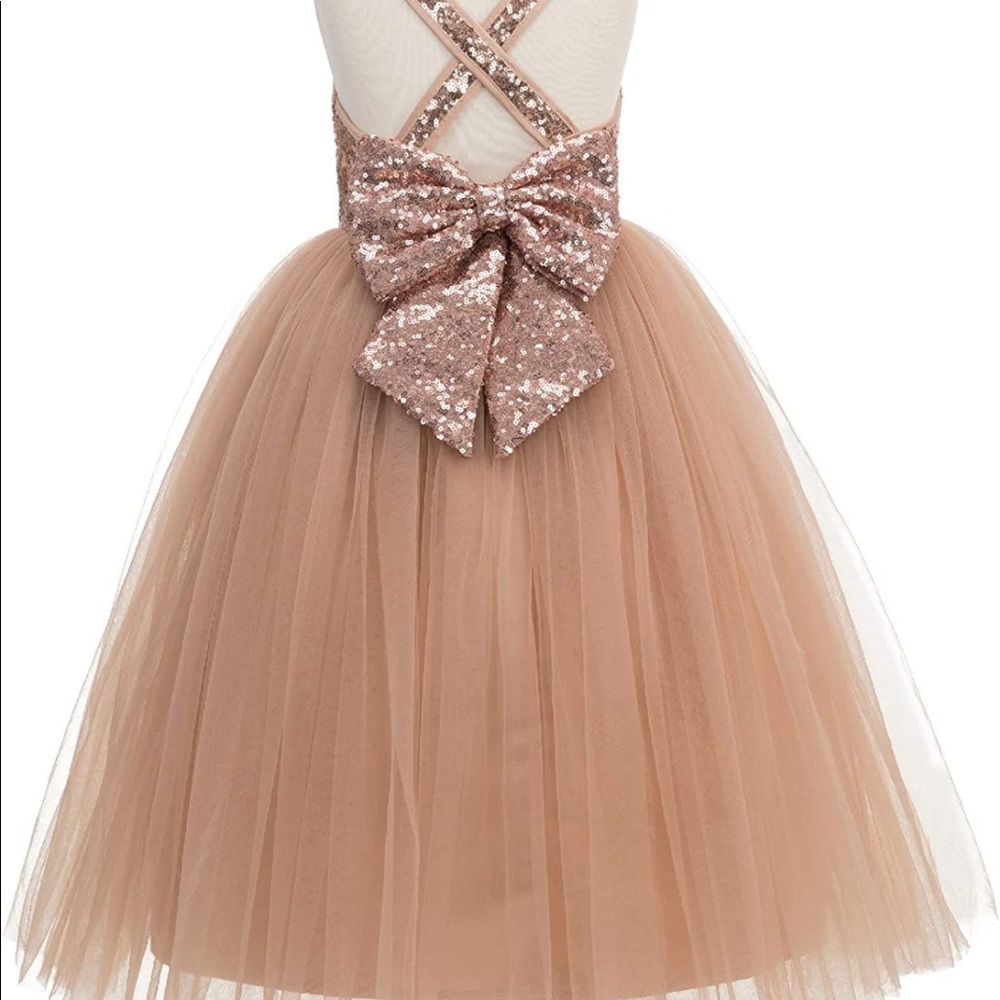 Rose Gold Crossed Straps Halter Flower/formal/bridesmaid Girl Dress
